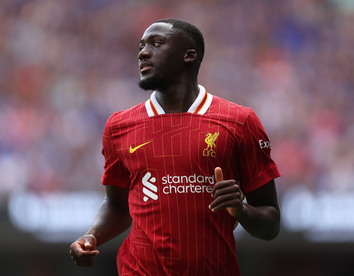 Ibrahima Konate in action for Liverpool against Ipswich
