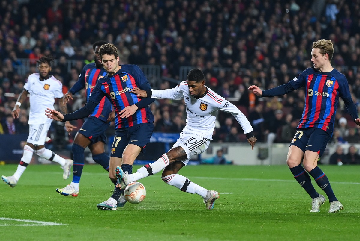 Marcus Rashford v akcii pre Man Utd proti Barcelone v roku 2023