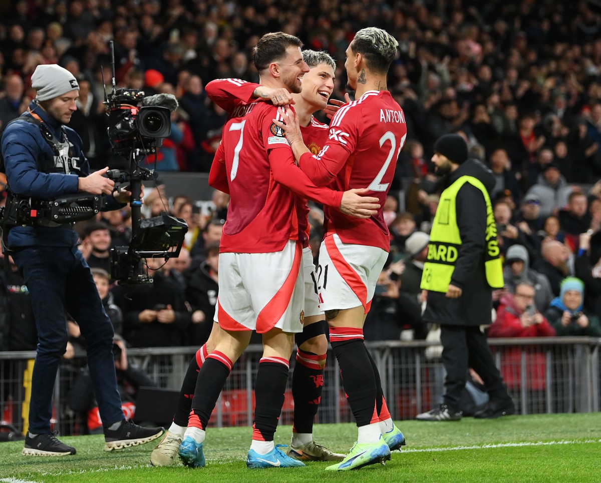 Mason Mount, Alejandro Garnacho, and Antony celebrate for Manchester United
