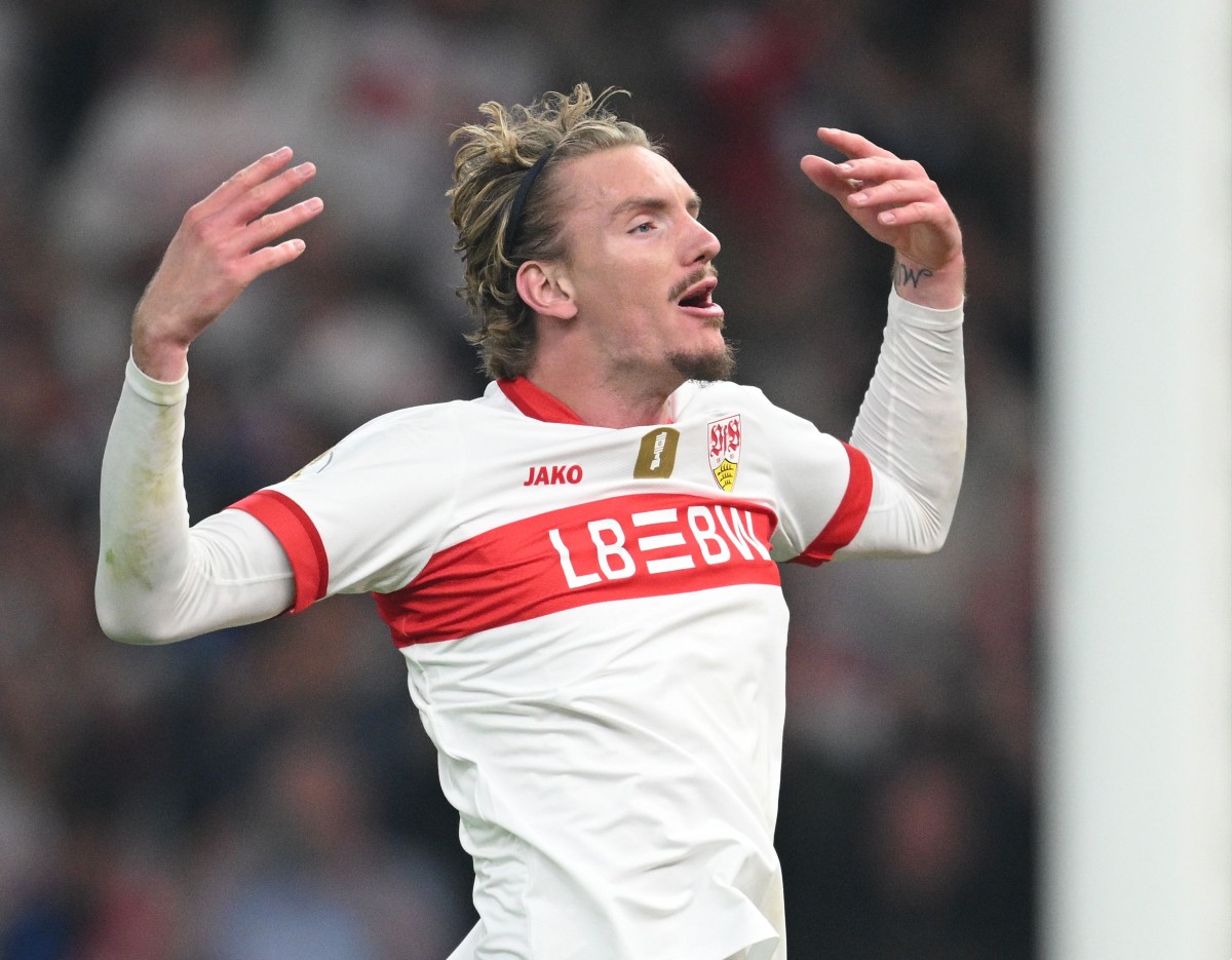Nick Woltemade celebrates a goal for Stuttgart