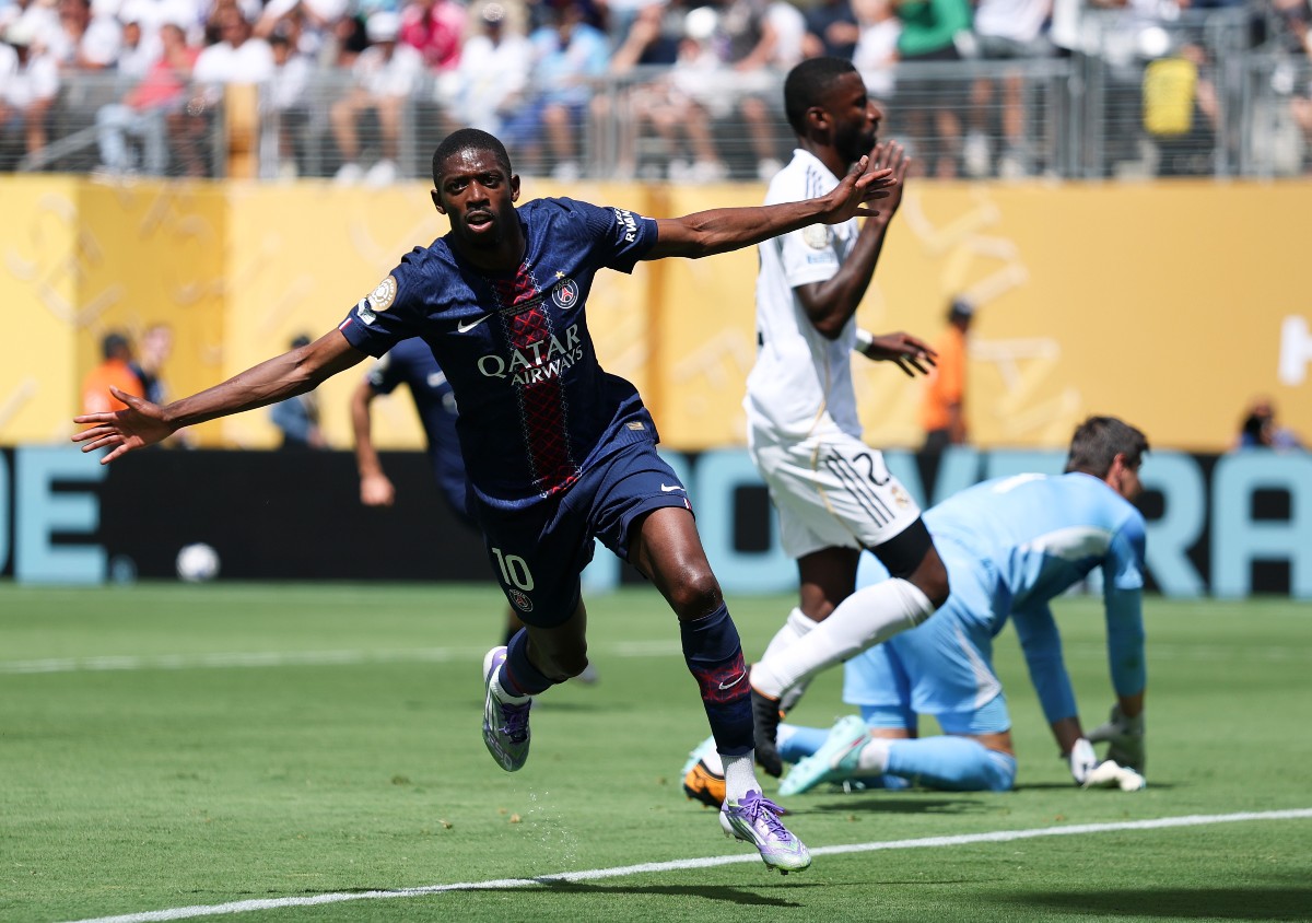 Ousmane Dembele celebrates scoring for PSG against Real Madrid