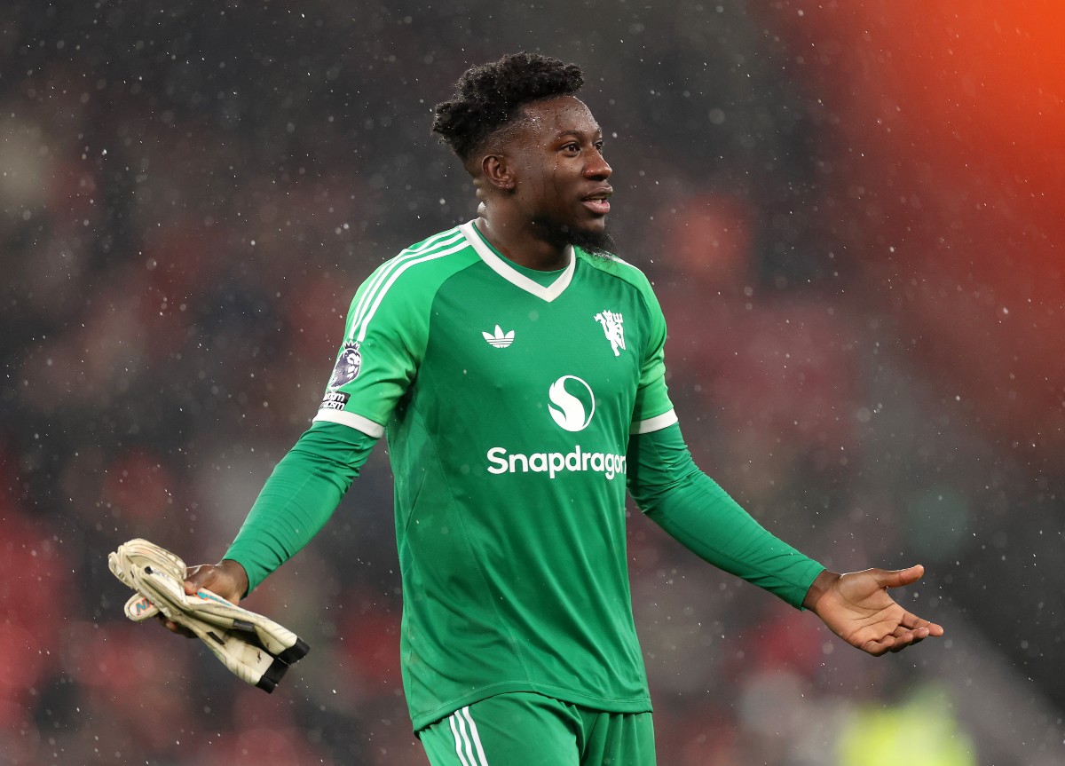 Andre Onana reacts after last season's Liverpool vs Man United game