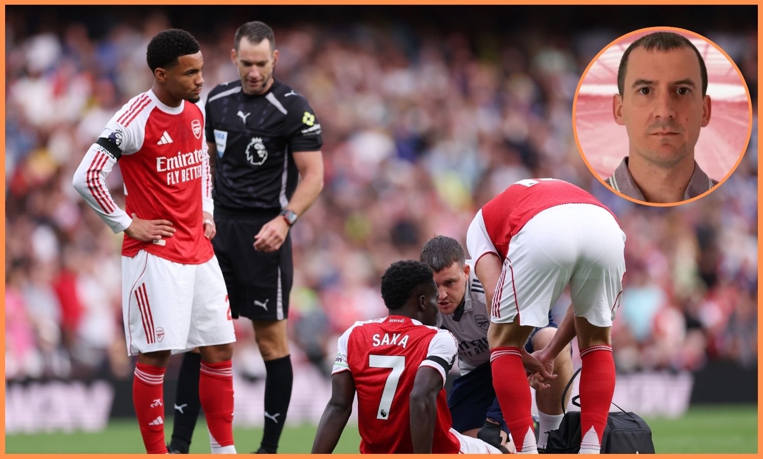 Bukayo Saka receives treatment for an injury