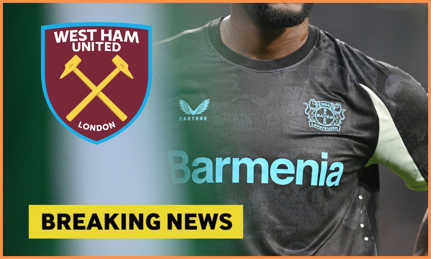 Victor Boniface, West Ham logo and 'breaking news' banner