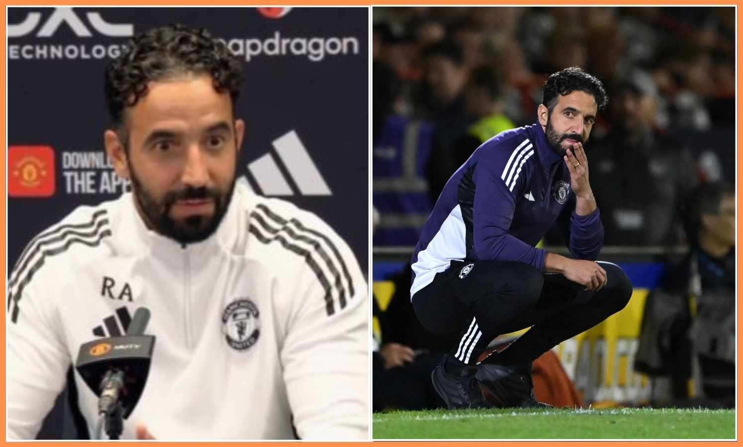 Ruben Amorim at his press conference (left) and during the Grimsby game (right)