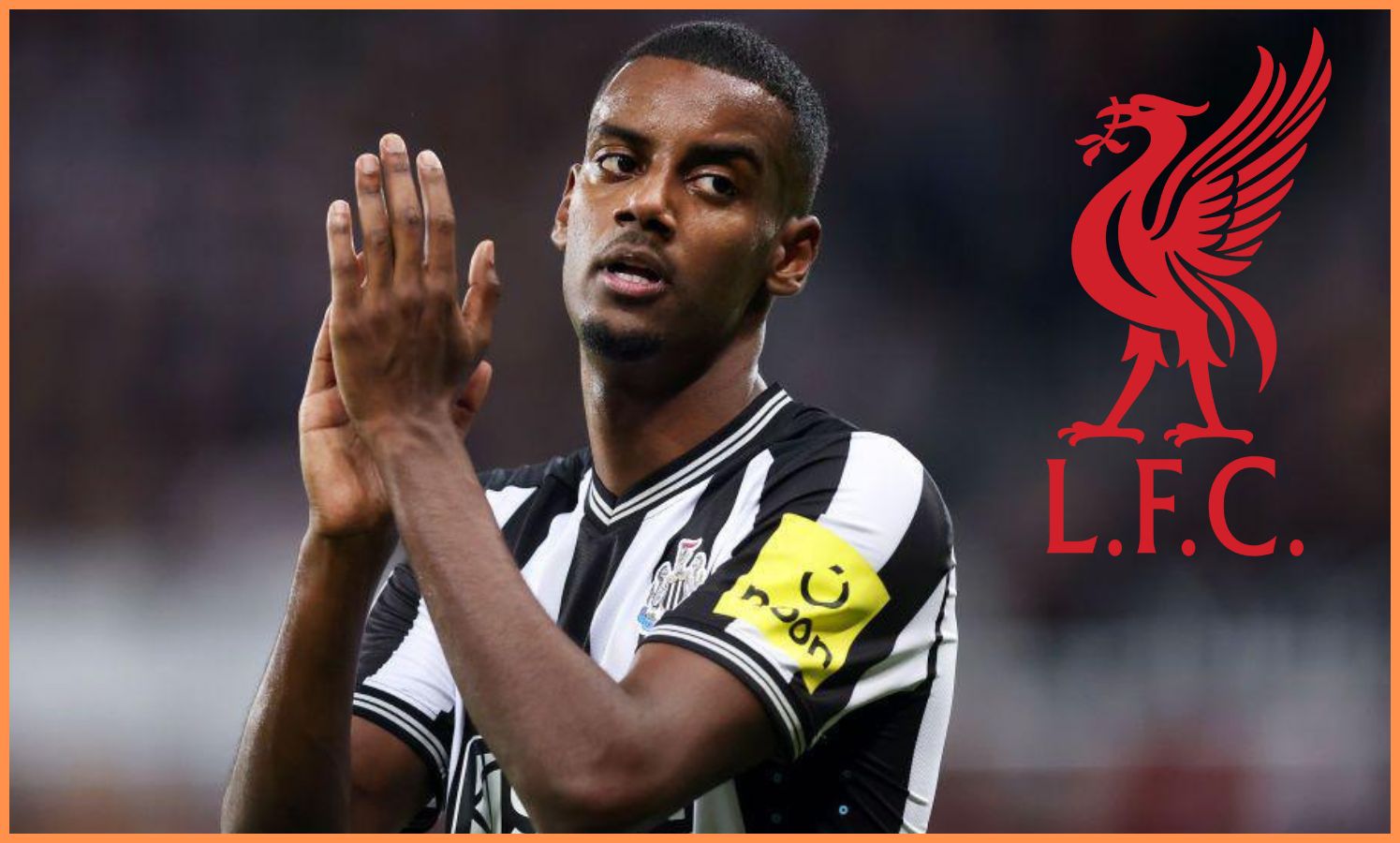 Alexander Isak and the Liverpool FC logo
