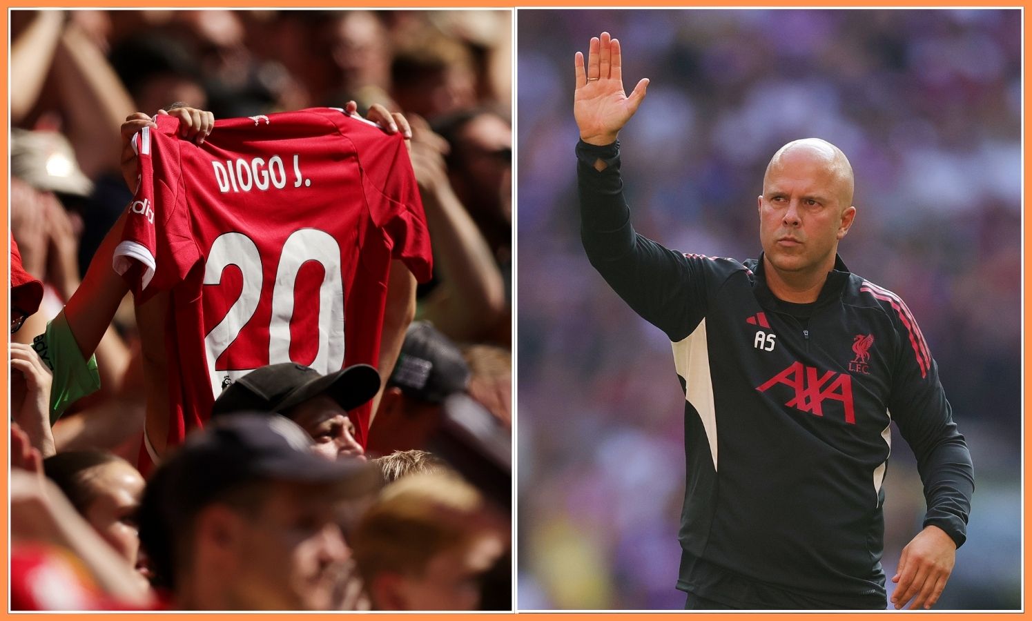 Dugo Jota shirt in the crowd, and Liverpool manager Arney Slieot