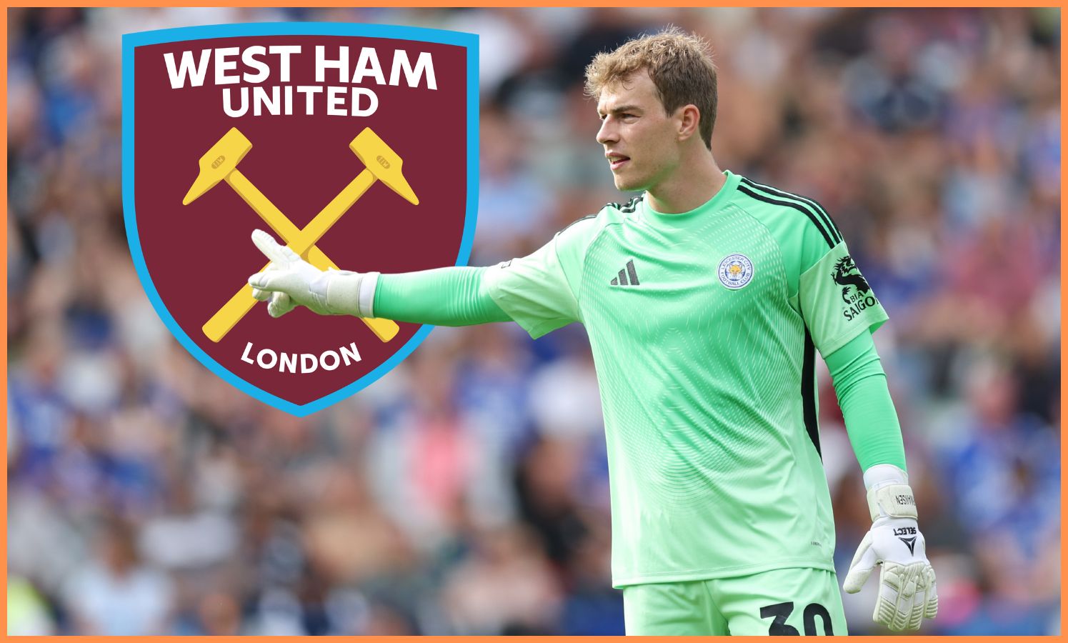 Mads Hermansen and the West Ham United logo