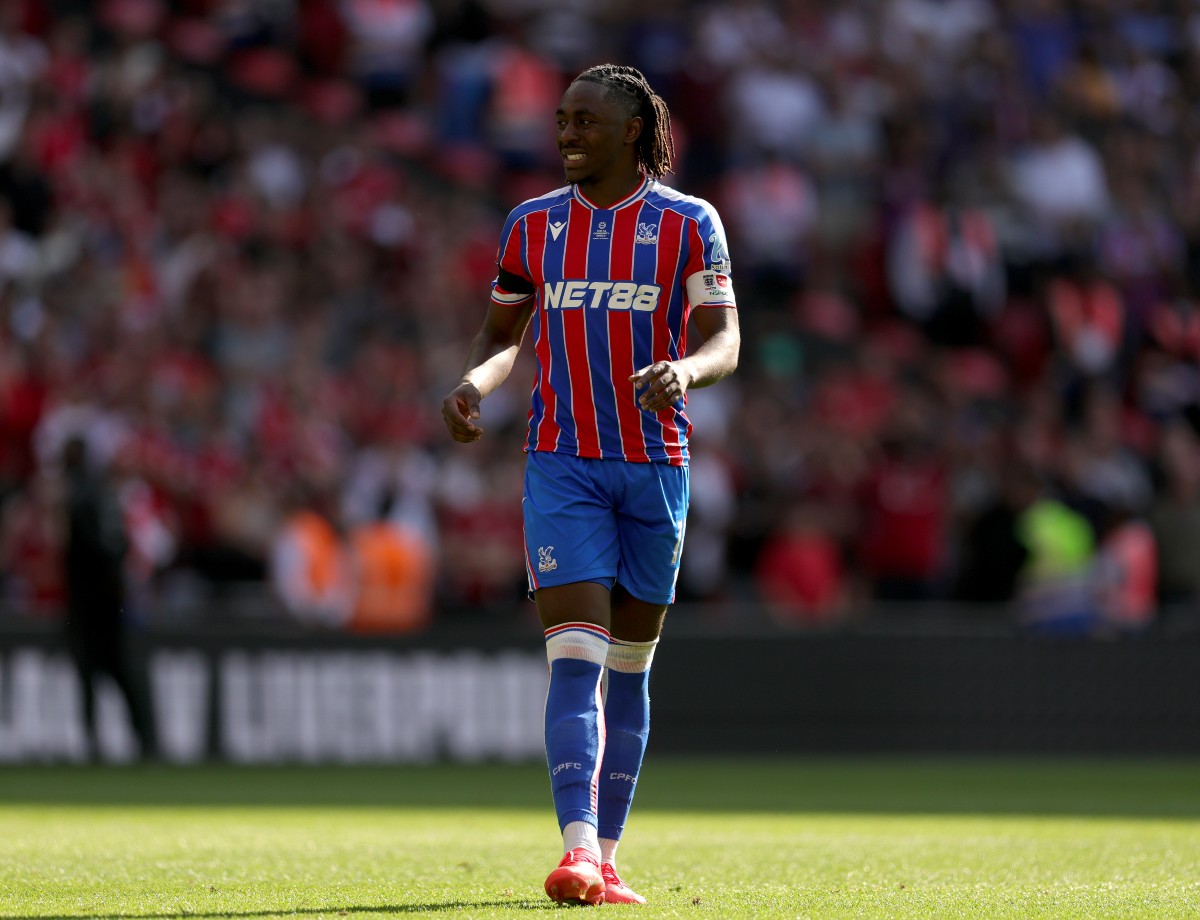 Eberechi Eze interacts after a beauty penalty for Crystal Palace Vs Liverpool in The Community Shield