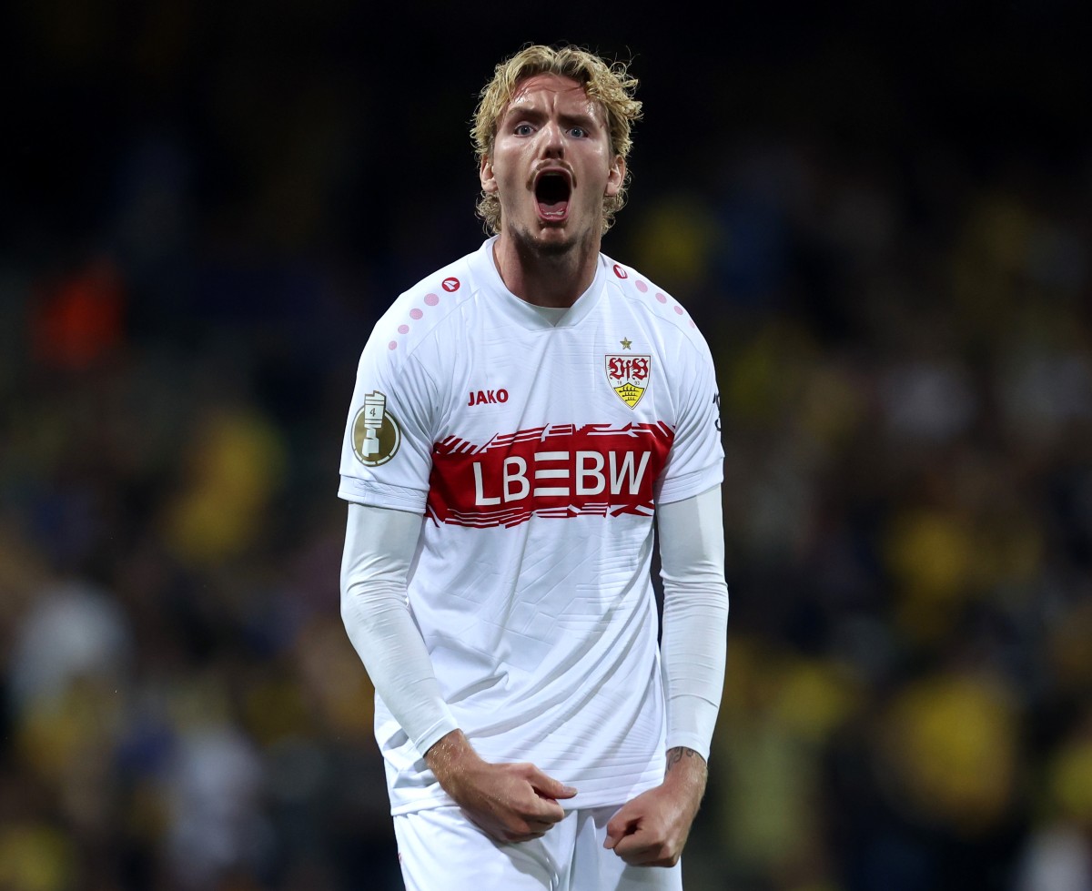 Nick Woltemade celebrates a goal for Stuttgart