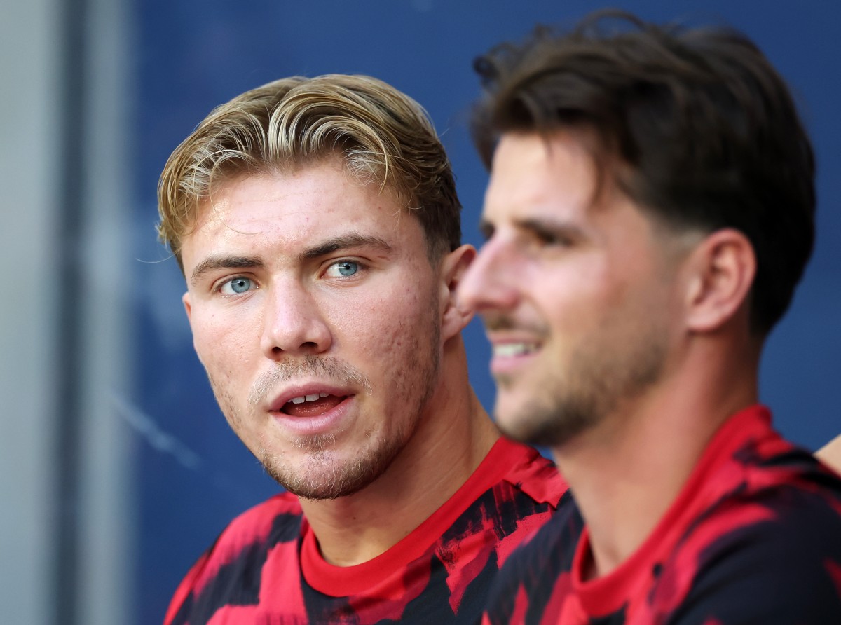 Rasmus Hojlund looks on from the Manchester United bench
