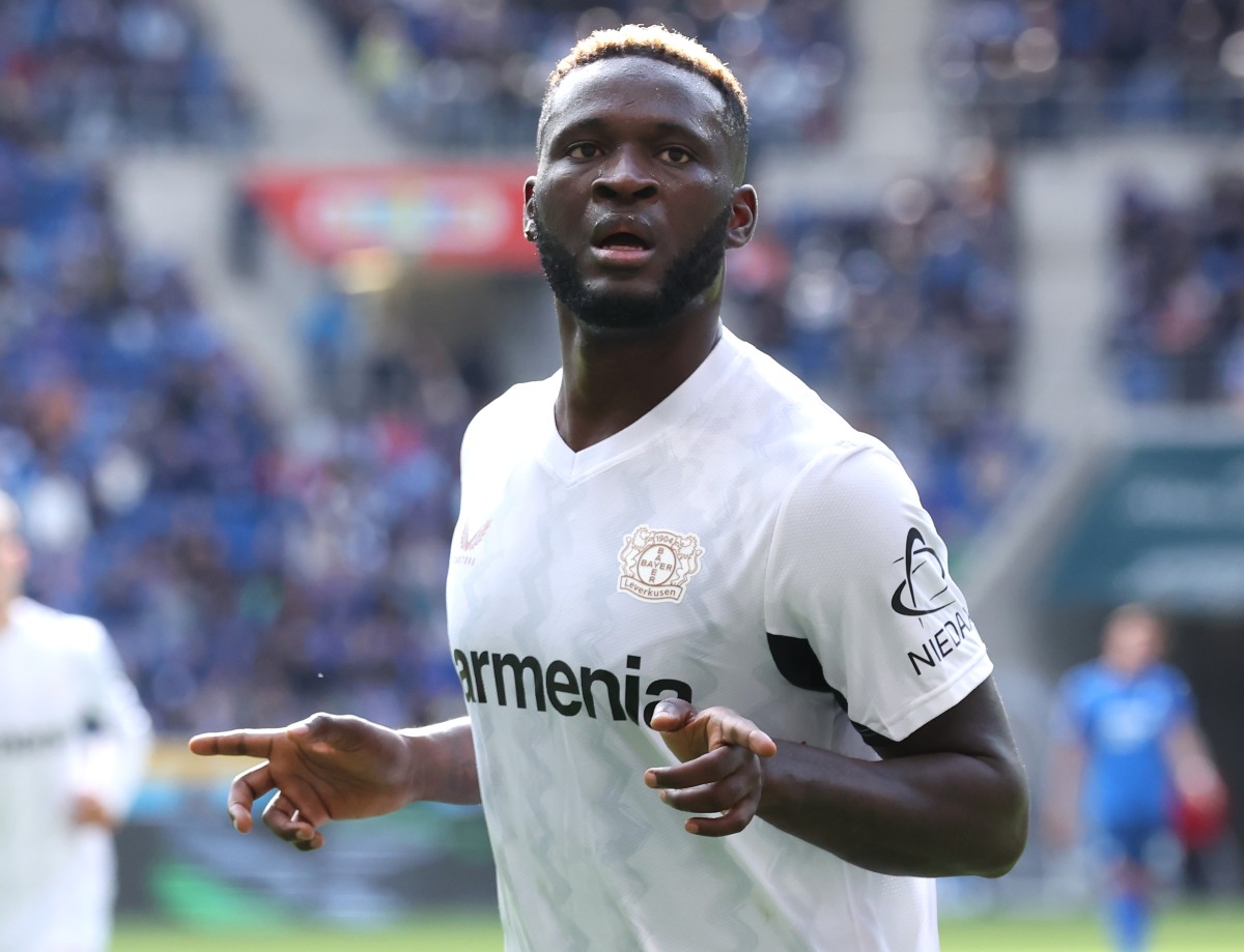 Victor Boniface celebrates scoring for Bayer Leverkusen against Hoffenheim