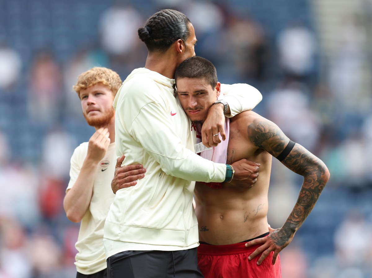 Virgil Van Digk embraces Darwin Nunez after Liverpool's friendly against Preston