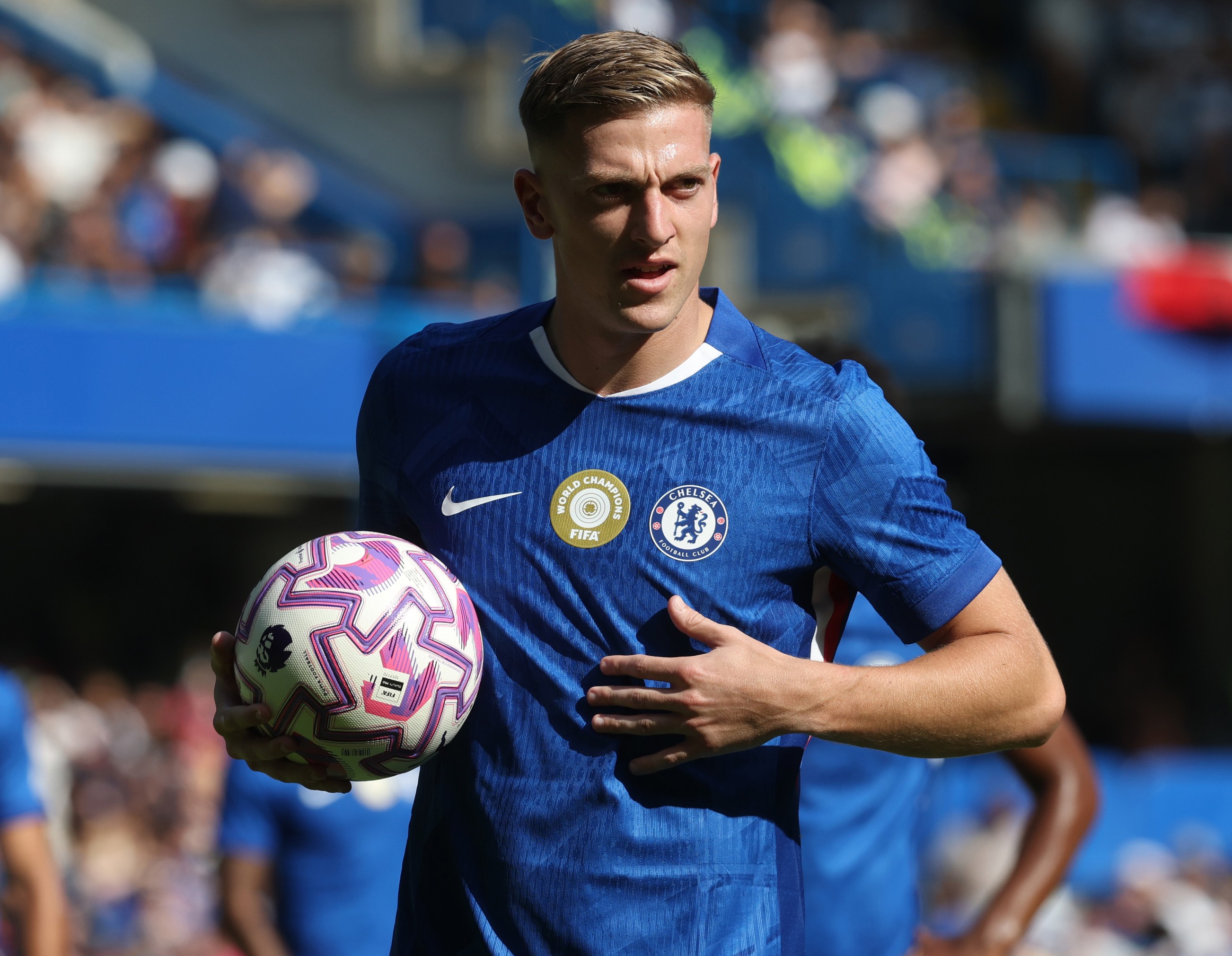Liam Delap of Chelsea with the Puma Premier league match ball during a pre-season friendly