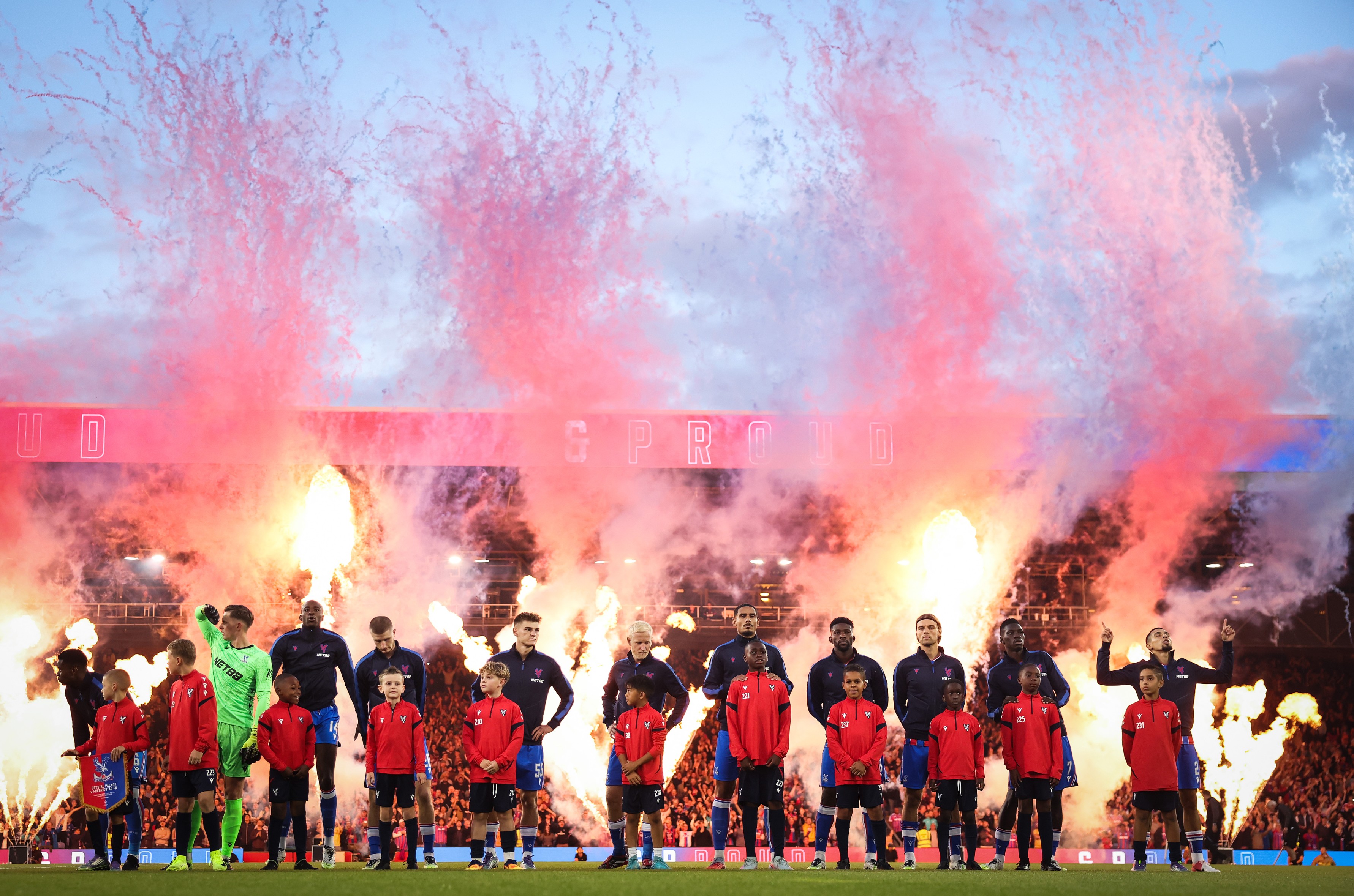 Crystal Palace players are on the line during the UEFA Conference League Play-Off Round First Leg Match vs Fredrikstad
