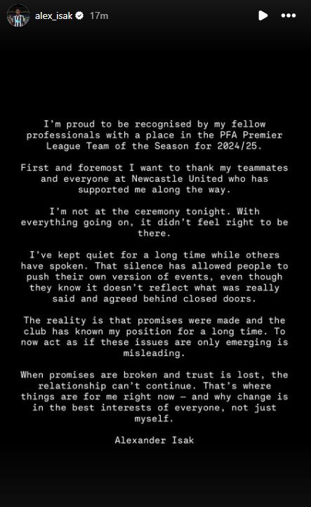 Alexander Essak Instagram statement