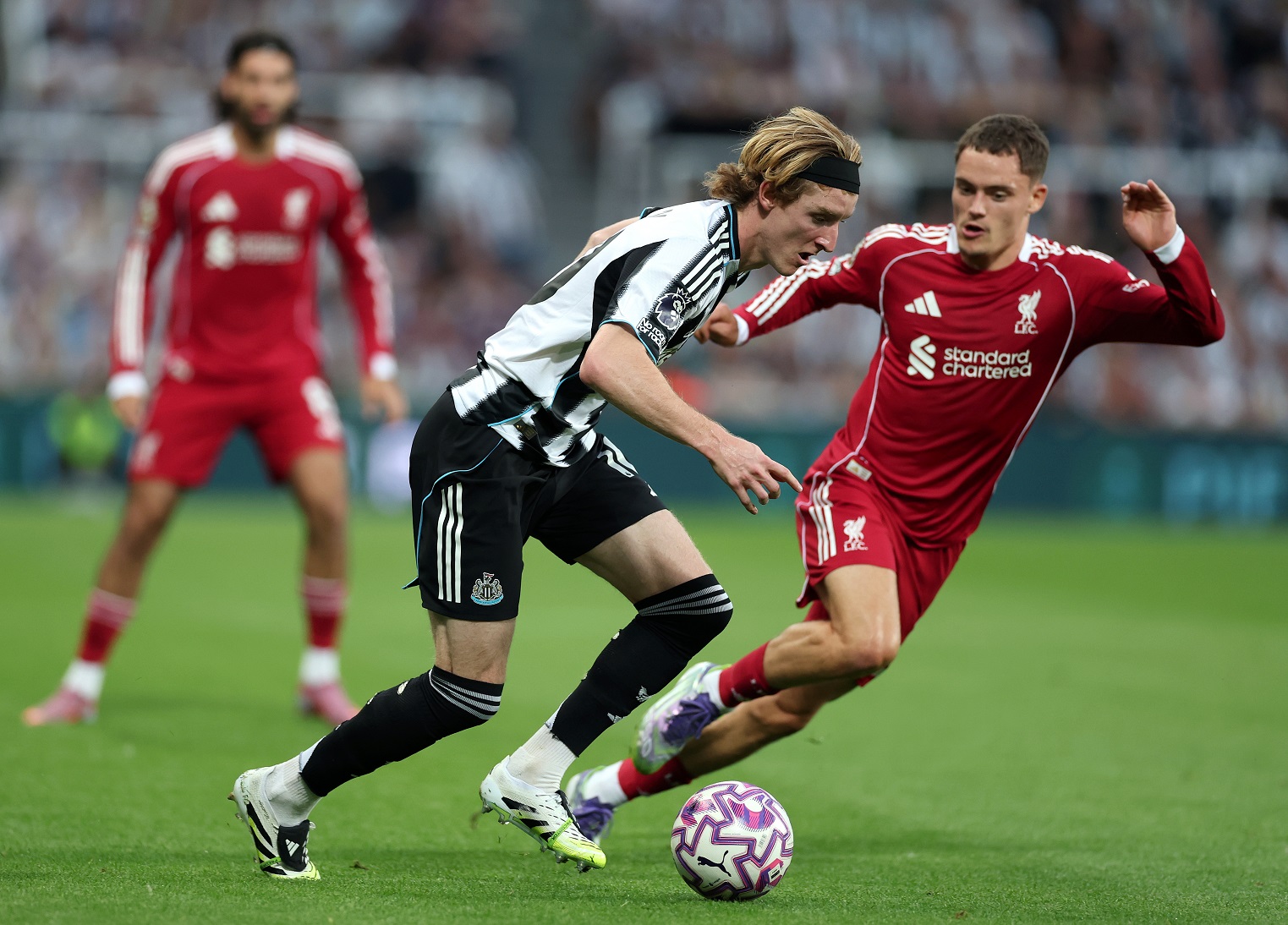 Anthony Gordon from Newcastle United at work during the Premier League match between Newcastle United and Liverpool  
