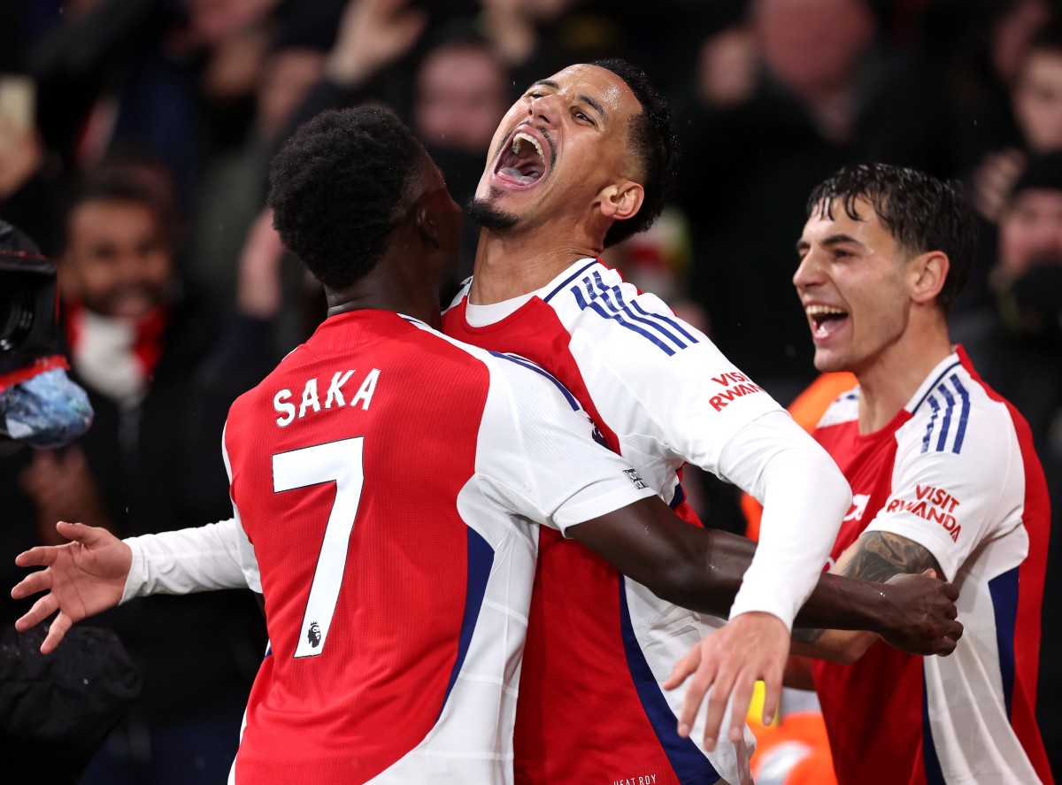 Bukayo Saka and William Saliba celebrate for Arsenal