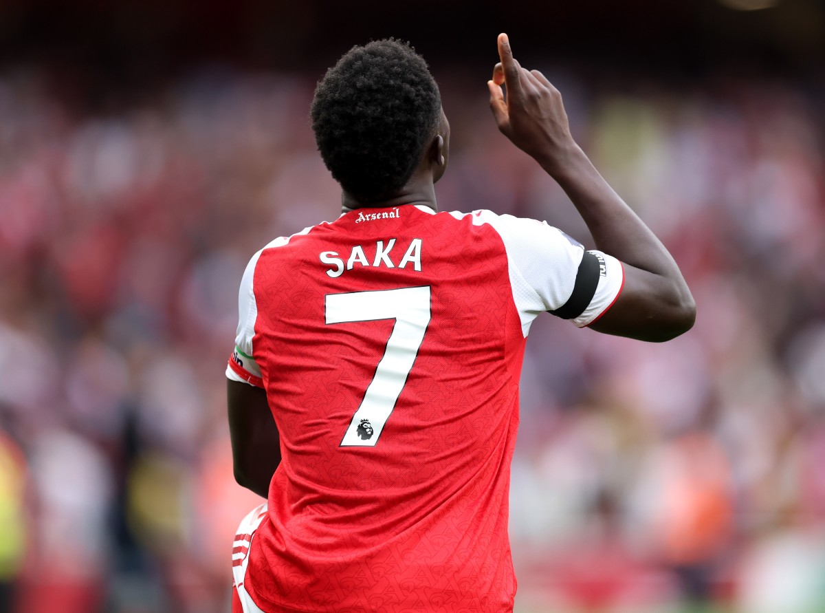 Bukayo Saka celebrates scoring for Arsenal against Leeds