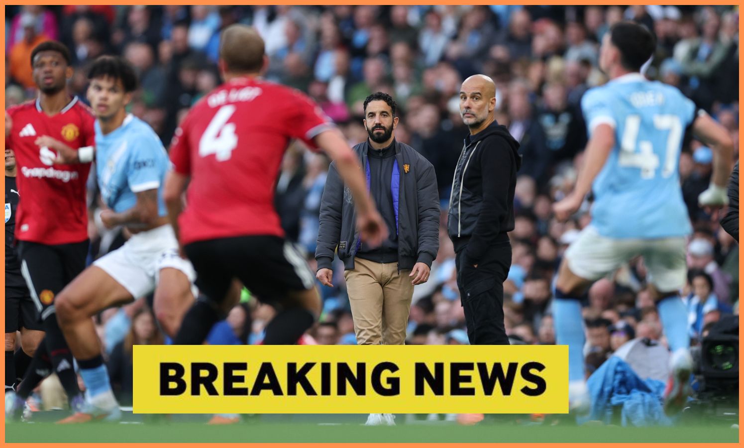 Robin Amorim and Pep Guardiola look during Manchester Derby