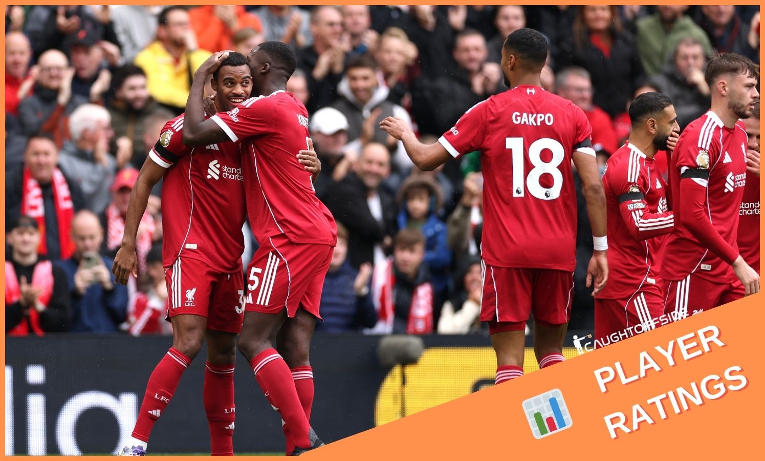 Ryan Gravenberch celebrates with his Liverpool teammates after scoring vs Everton
