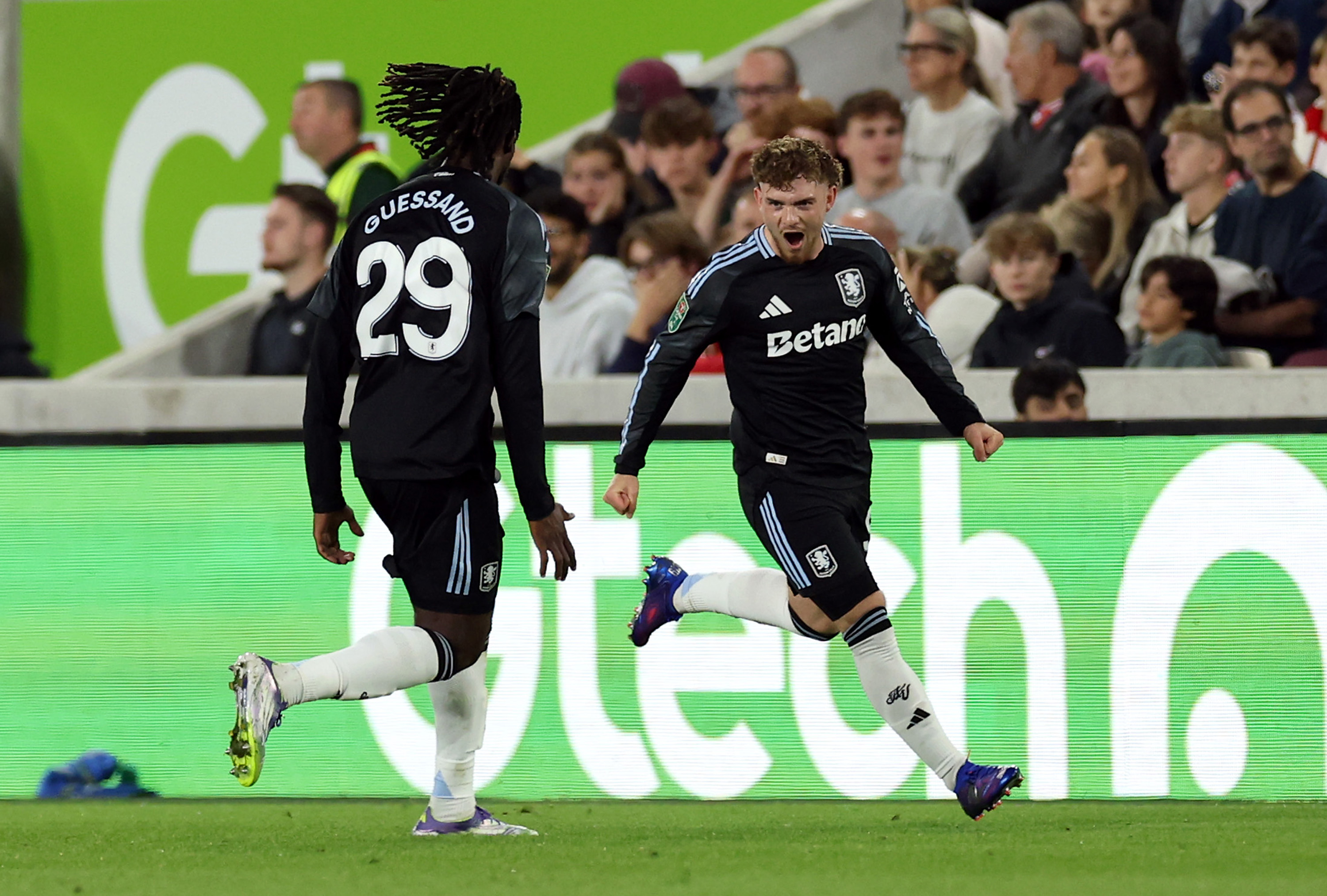 Harvey Elliott from Aston Villa celebrates the goal of his first team