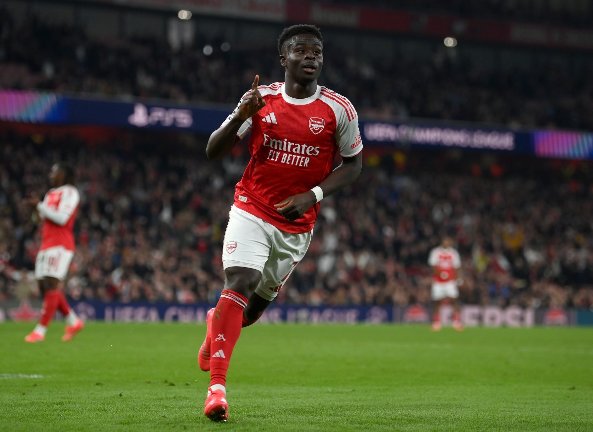 Bukayo Saka celebrates a goal for Arsenal against Olympiacos