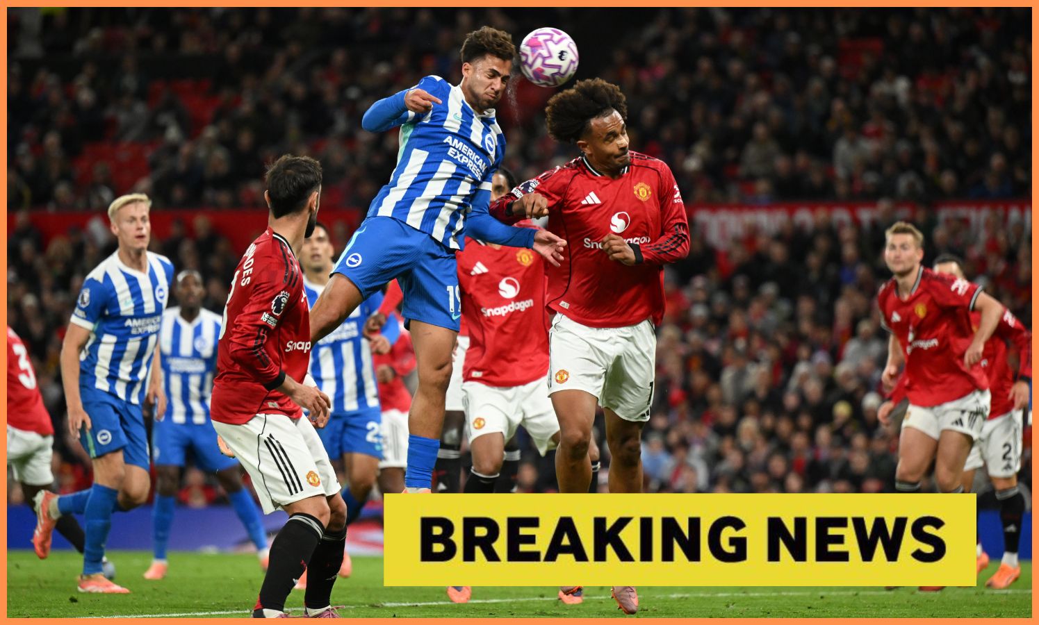 Joshua Zirkzee in action for Man Utd vs Brighton, and yellow 'breaking news' banner