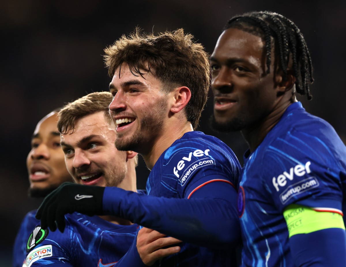 Marc Guiu celebrates a goal for Chelsea last season