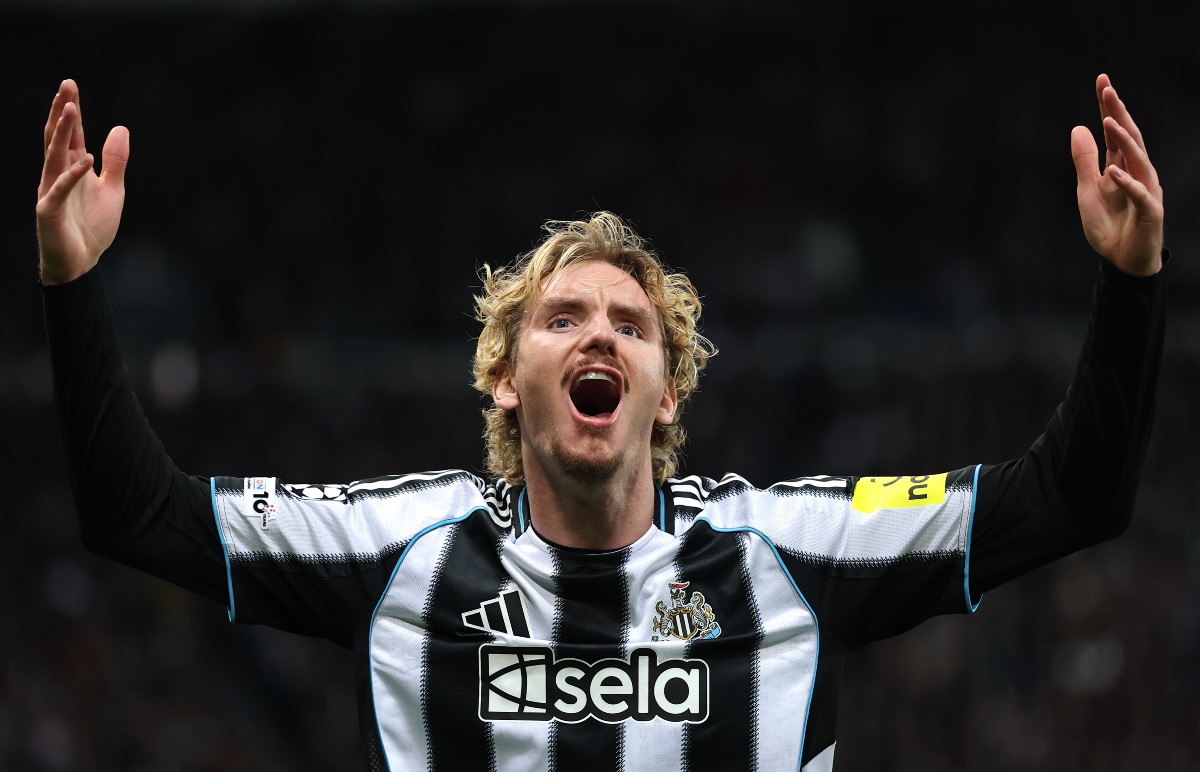 Nick Woltemade celebrates a goal for Newcastle