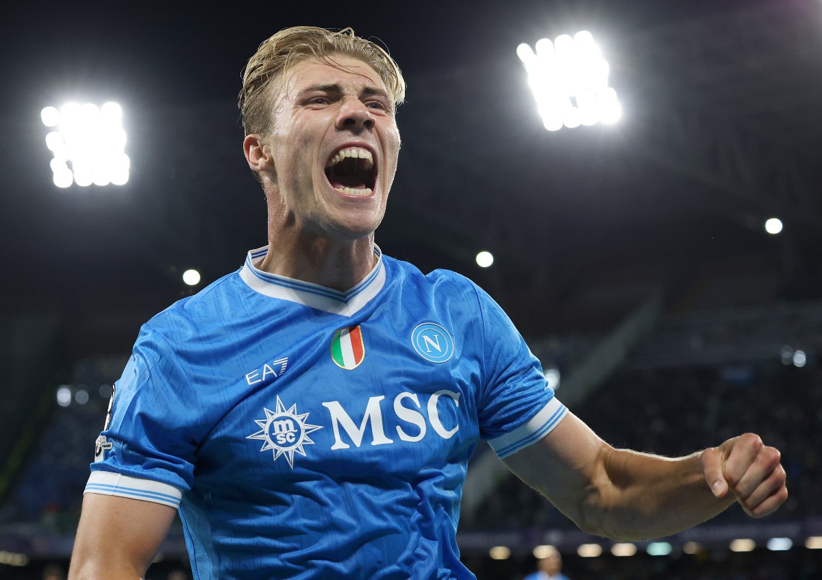 Rasmus Hojlund celebrates scoring for Napoli