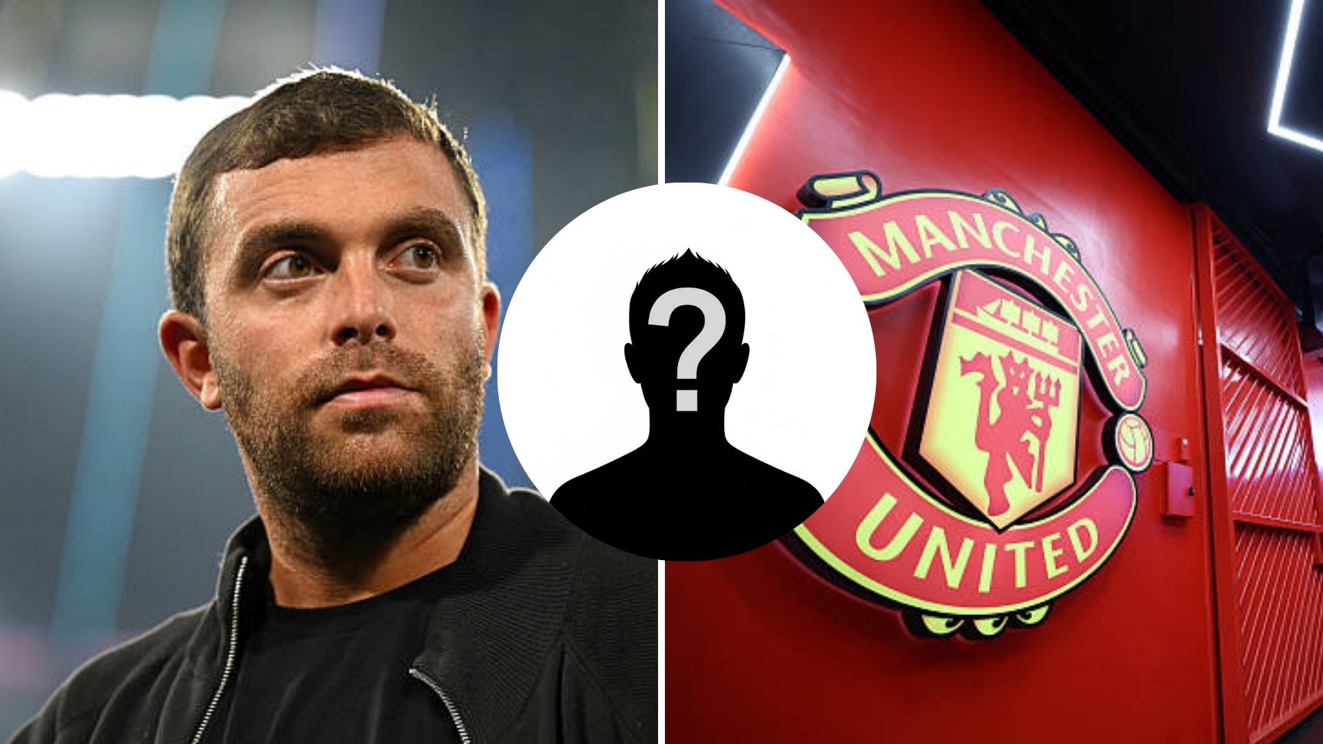 Split image of Fabrizio Romano's armband and Manchester United's armband with the mystery player overlaid