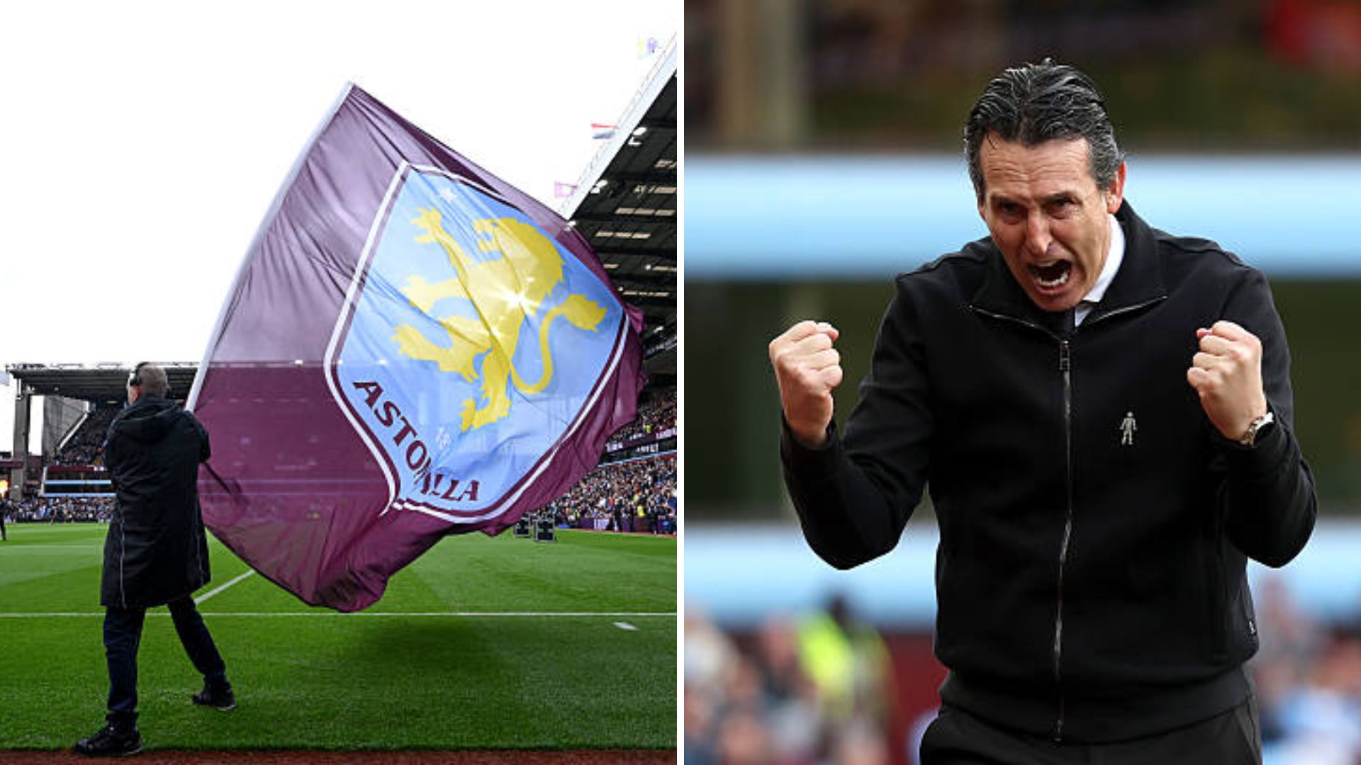 Split image of Aston Villa and Unai Emery flag
