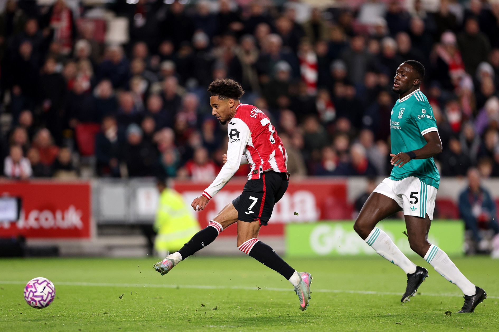 Kevin Schade of Brentford scores his team's second goal against Liverpool