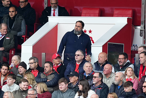 Nottingham Forest owner Evangelos Marinakis looked irritated in the stands during the game against Chelsea.