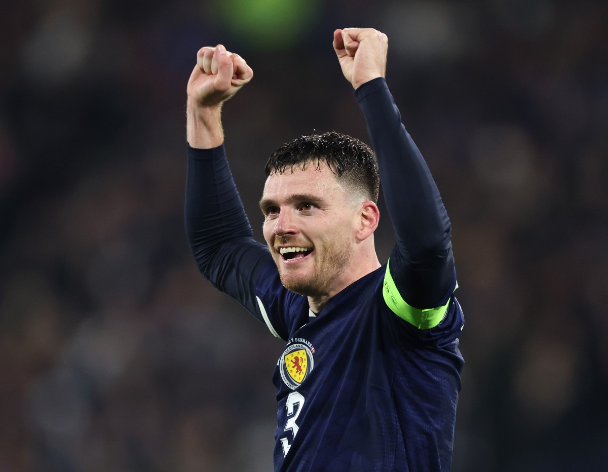 Andrew Robertson celebrates Scotland's win over Denmark and qualification for the 2026 World Cup