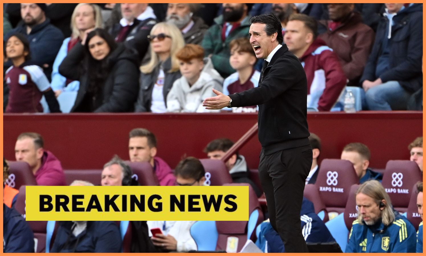 Aston Villa manager Unai Emery and 'breaking news' banner