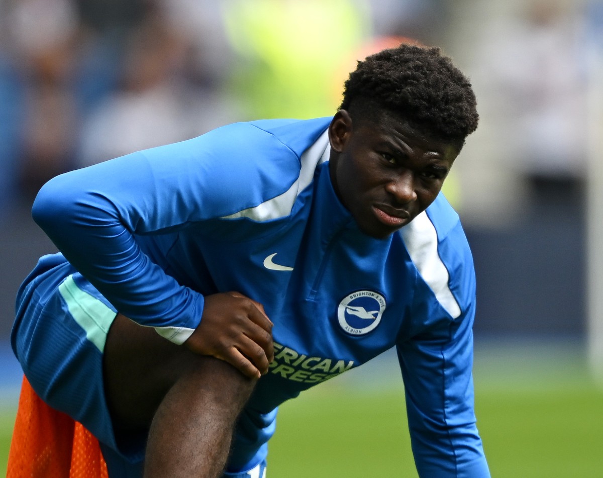 Carlos Baleba in the pre-match warm-up for Brighton