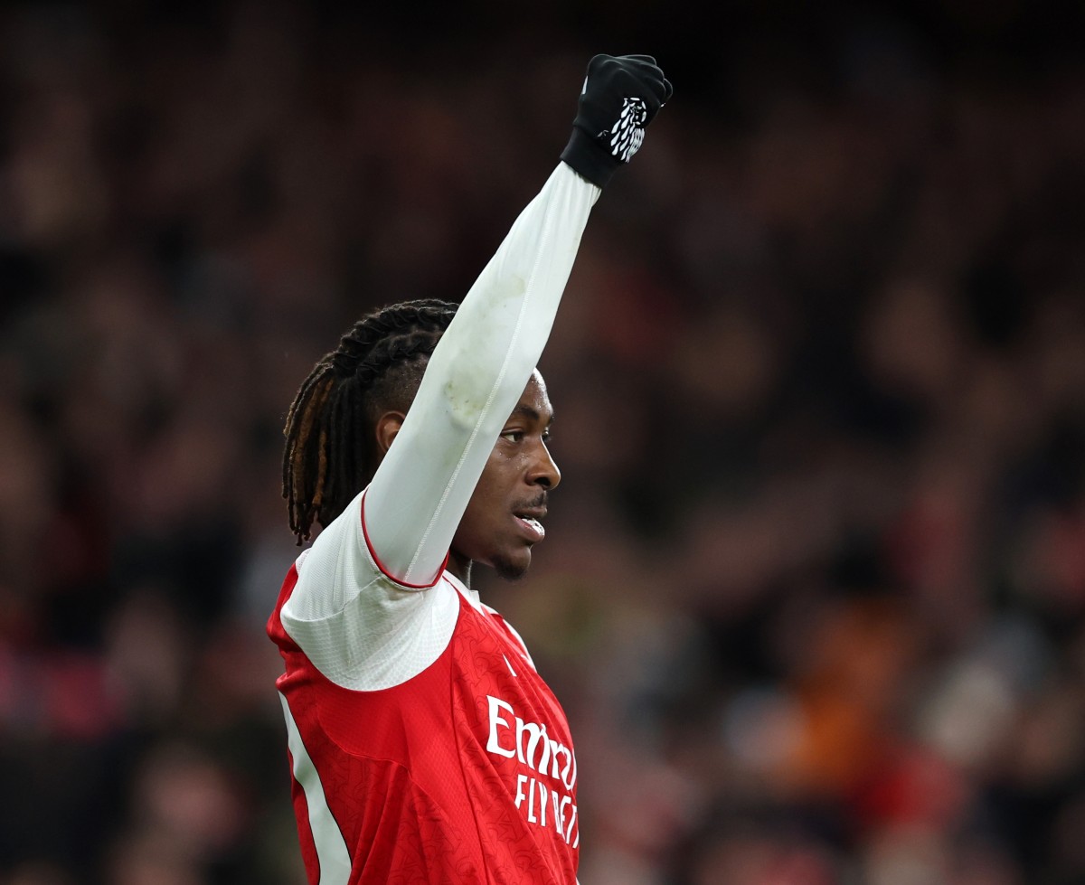 Eberechi Eze celebrates for Arsenal during the North London Derby