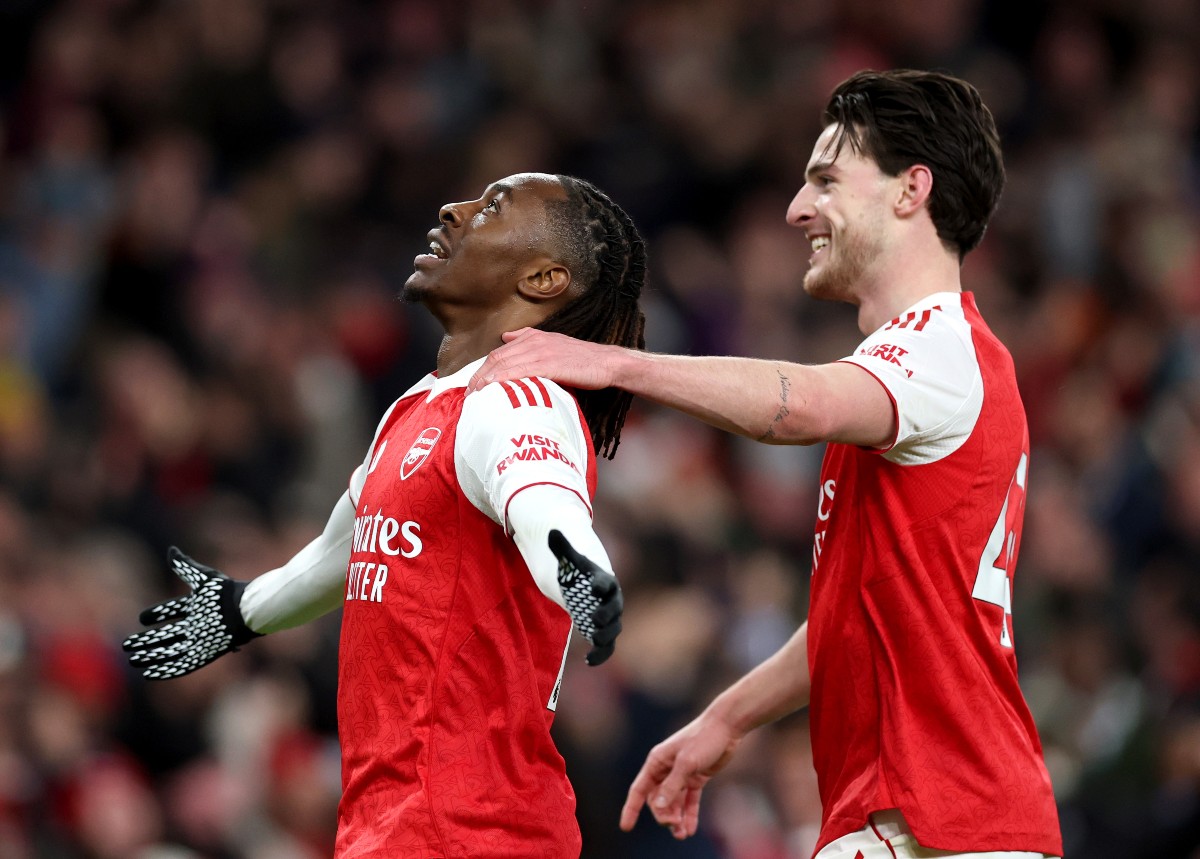 Eberechi Eze celebrates scoring for Arsenal in their win vs Tottenham