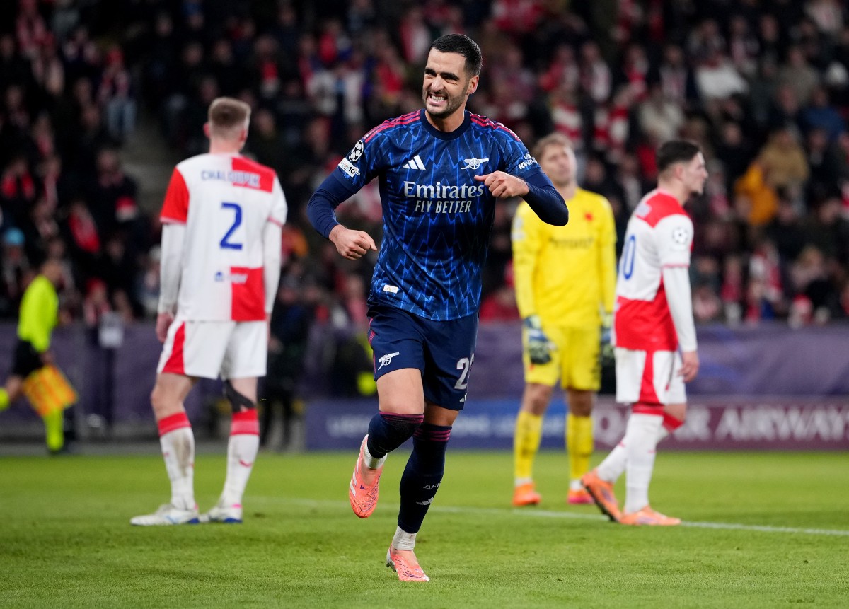 Mikel Merino celebrates a goal for Arsenal