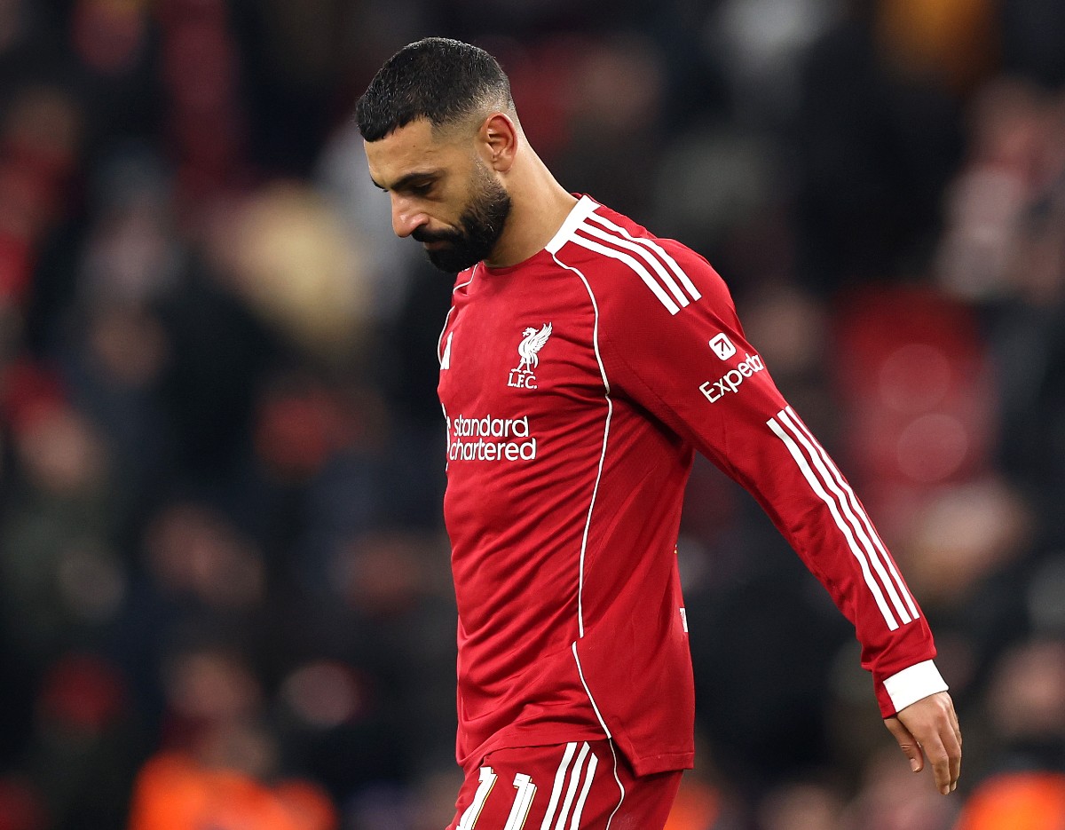 Mohamed Salah reacts after Liverpool's defeat to PSV