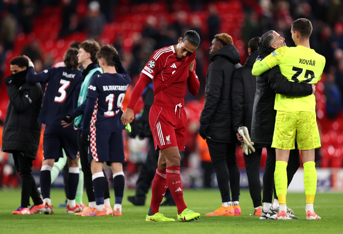 Virgil van Dijk reacts after Liverpool's defeat to PSV