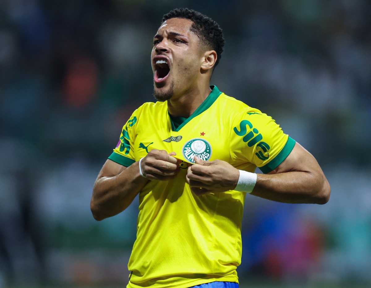 Vitor Roque celebrates a goal for Palmeiras