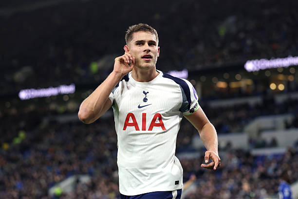 Micky van de Ven celebrating after scoring for Tottenham