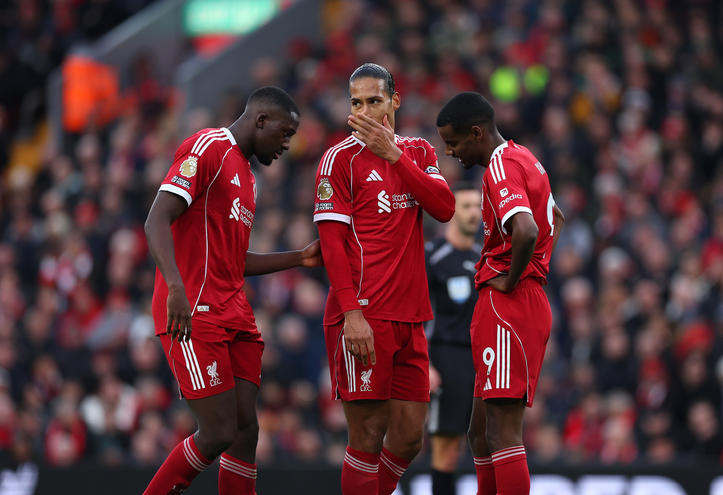 Ibrahima Konate, Virgil van Dijk and Alexander Isak of Liverpool