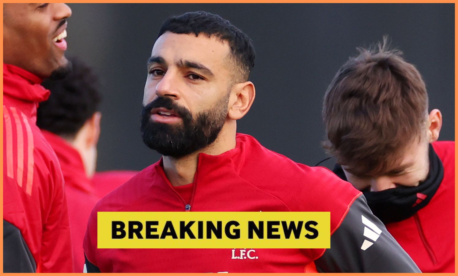Mohamed Salah in Liverpool training, plus 'breaking news' banner