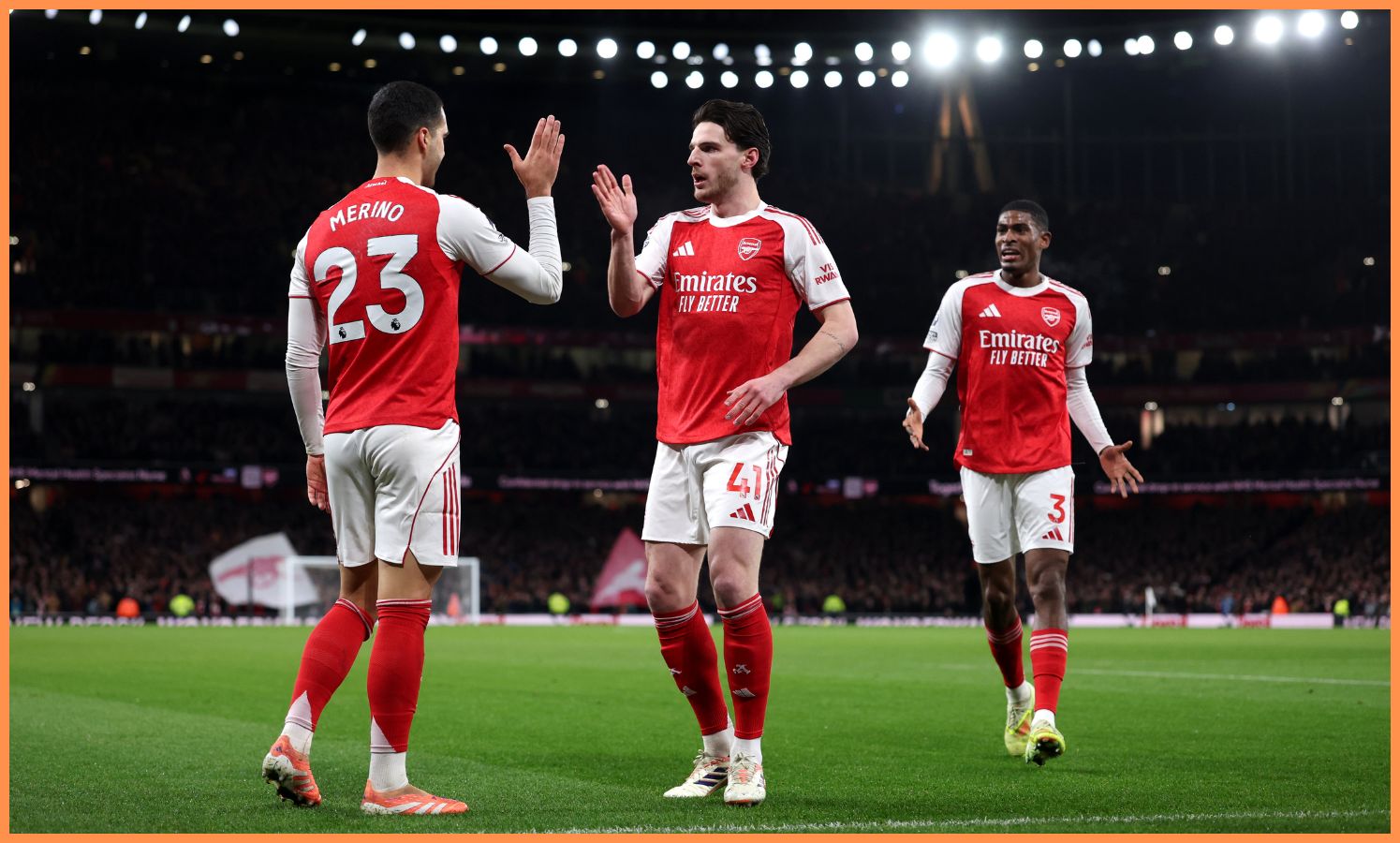 Declan Rice celebrates with Mikel Merino