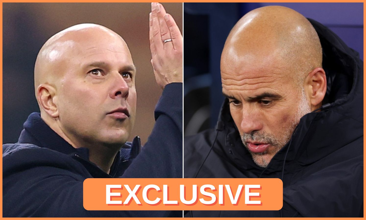 Arne Slot and Pep Guardiola, plus 'exclusive' banner