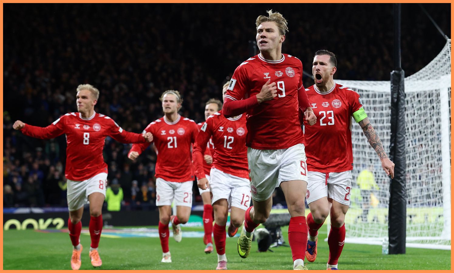 Rasmus Hojlund celebrates a goal for Denmark